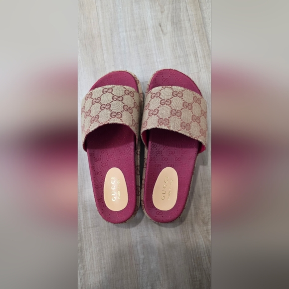 Lux Shoes - Designer Inspired Women's Beige Monogram Slide Sandals with Deep Pink Footbed